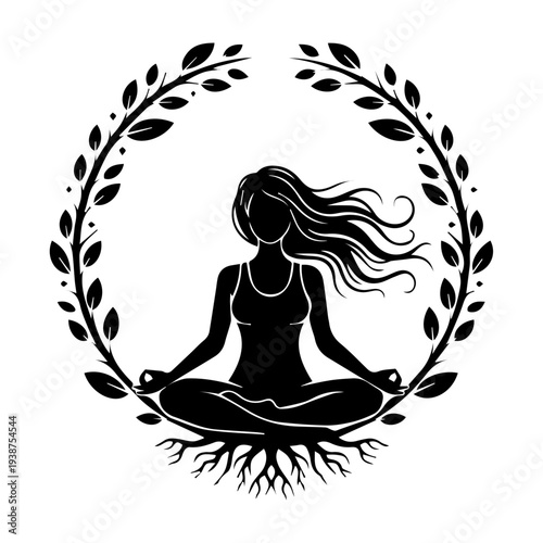 Serene woman meditating in lotus position surrounded by lush foliage and flowing hair