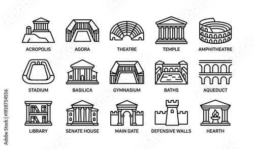 Ancient roman and greek architectural icons: temples, amphitheaters, and more