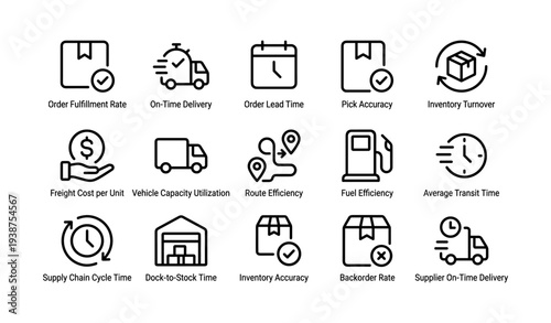 Supply chain metrics icons for efficiency and performance analysis