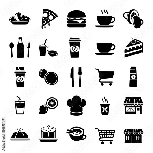 Collection of black food and drink icons on transparent background representing various culinary delights and dining experiences
