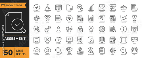 A detailed illustration of various assessment icons and symbols for educational purposes.