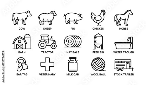 Farm animal and equipment icons: cow, sheep, pig, chicken, horse, barn, tractor