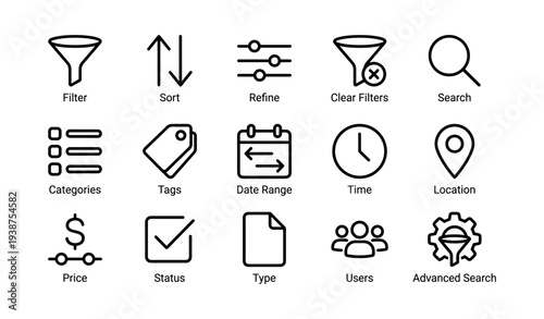Interface icons: filter, sort, refine, search, status, users, tags, time, location