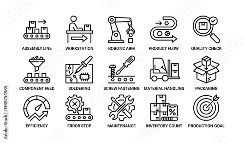 Industrial icons: assembly, robotics, quality, logistics, maintenance