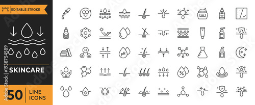 A collection of various line icons related to skincare and beauty products on a white background