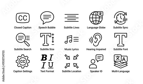 Icons for closed caption, speech bubble, and language support features