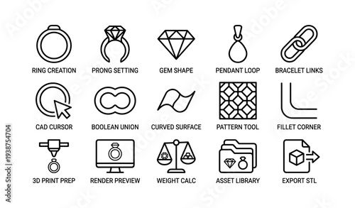 Jewelry design icons: rings, gems, 3d print tools, cad features, patterns, assets