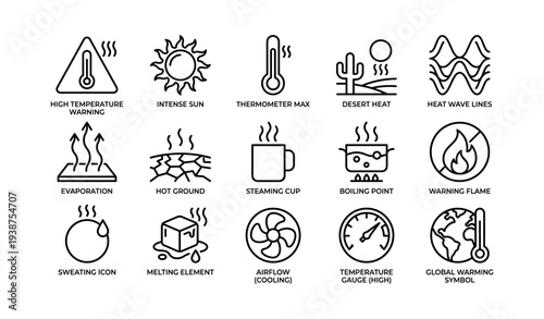 Collection of weather and temperature icons representing heat and global warming