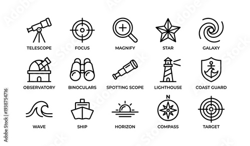 Outline icons of telescope, lighthouse, binoculars, and compass with nautical themes