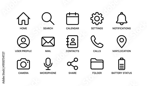 Set of minimalist black communication and utility icons on gray background