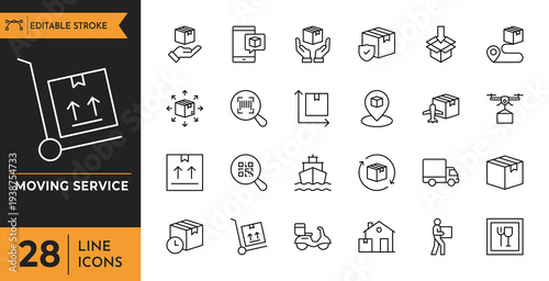A collection of line icons depicting various moving service and delivery concepts on a white background
