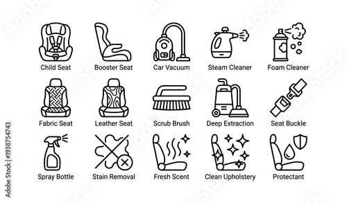 Vehicle cleaning and maintenance icons: car seats, vacuum, cleaners, and tools