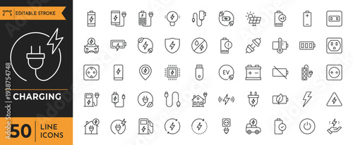 A set of various technology icons depicting charging and warning symbols on a white background.