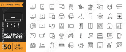 Household appliances icons arranged on a clean white background