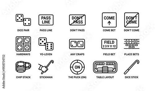 Craps game elements: dice pair, bets, stickman, and table layout icons