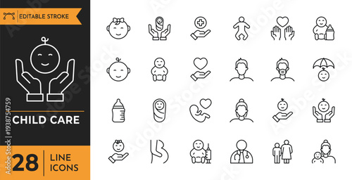 A graphic illustration of various child care related icons and symbols on a white background