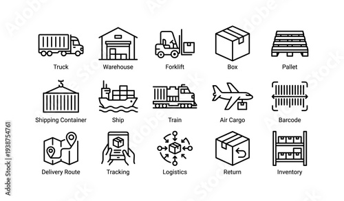 Logistics and shipping icons featuring truck, warehouse, forklift, box, pallet, ship, train, air cargo