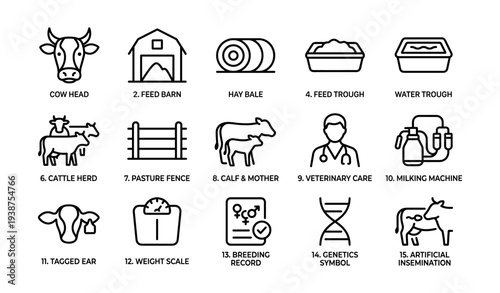Set of farm and veterinary line icons for cattle and dairy management