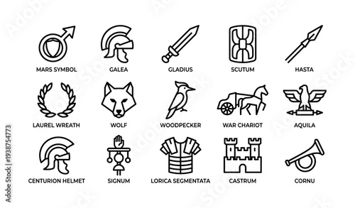 Ancient roman symbols and weapons icons: mars, galea, gladius, scutum, hastas, laurel, wolf, woodpecker, chariot, aquila