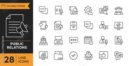 A collection of line icons depicts various public relations concepts and communication symbols.