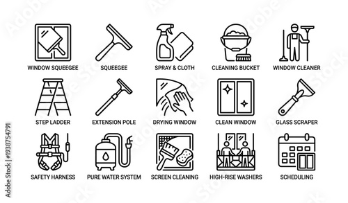 Window cleaning equipment icons: tools and safety gear for efficient maintenance