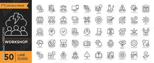 A diverse group of people attend a workshop session in an office setting with various business icons displayed.