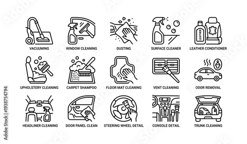 Car cleaning icons: vacuuming, window, upholstery, carpet, floor mat, odor removal