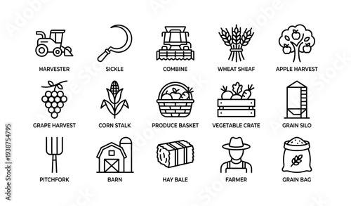 Farming icons set featuring machinery, harvest tools, and produce elements