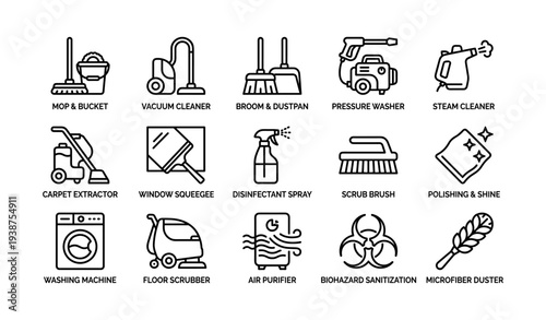 Essential cleaning tools: vacuum, pressure washer, scrub brush, air purifier, disinfectant spray