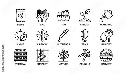 Gardening icons set: seeds, soil, sprout, watering, harvest tools
