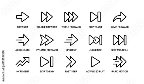 Collection of various forward and skip track icons for multimedia interfaces