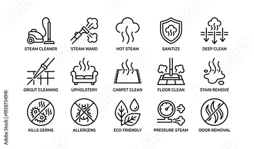 Steam cleaner icons: deep clean, sanitize, eco friendly, allergen removal, odor removal