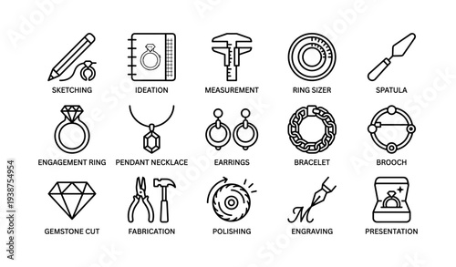 Jewelry creation tools and techniques icons: sketching, measurement, polishing, engraving