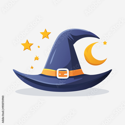 Magical Witch Hat with Stars and Crescent Moon Illustration.