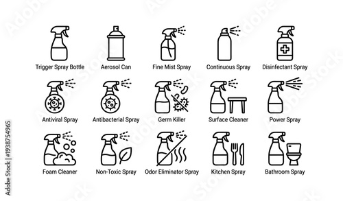 Variety of cleaning sprays: disinfectant, antibacterial, kitchen cleaner, bathroom odor eliminator