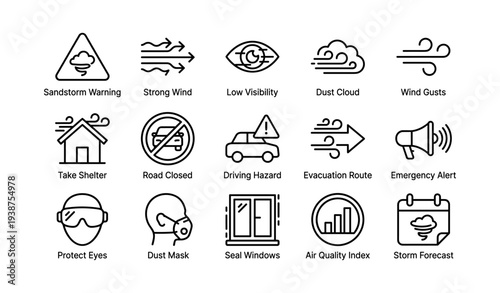 Weather alert icons: sandstorm warning, evacuation route, dust mask, air quality index