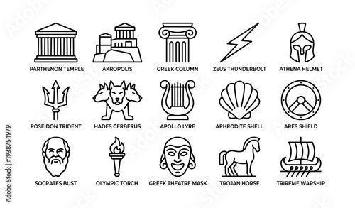 Ancient greek symbols and icons: temples, mythology, and artifacts