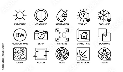 Photography editing icons: exposure, contrast, saturation, warmth, coolness, monochrome, sepia, vignette, cyanotype, duotone