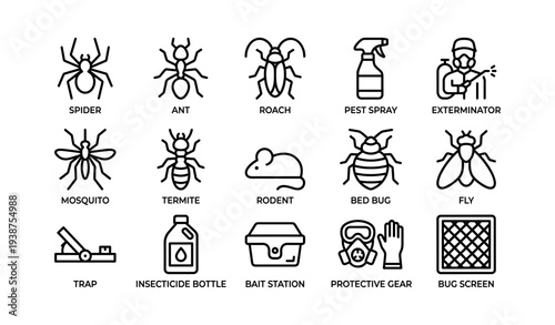 Vector icons of insects and pest control tools on white background