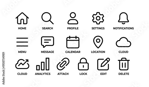Set of 16 minimalist black icon designs for user interface