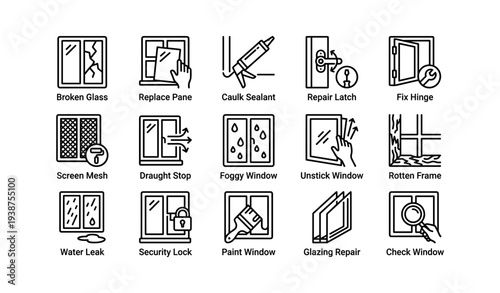 Window repair and maintenance icons: caulk, latch, pane, hinge, sealant