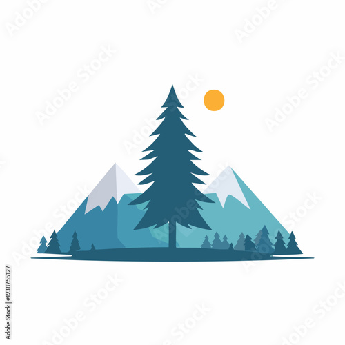 Majestic Mountain Landscape with Pine Tree and Sun Illustration.