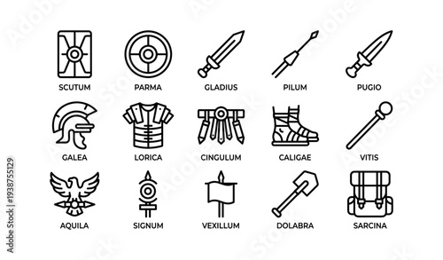 Ancient roman military equipment icons including weapons and armor