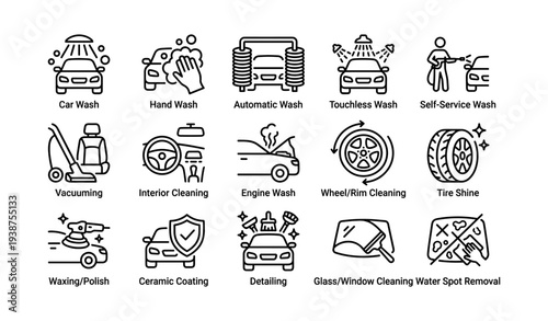 Comprehensive car wash and detailing services icons set