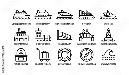 Icons of ferries, boats, and nautical equipment: dock, gangway, compass, buoy, lifesaver