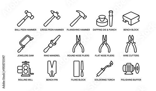 Metalworking tools collection: hammers, pliers, mandrel, torch, cutter, buffer