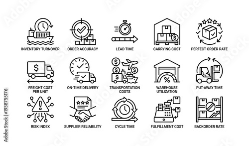 Logistics and supply chain management icons featuring key performance metrics