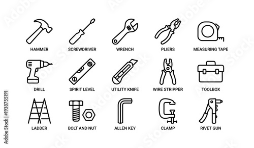 Icon set of essential hand tools for diy and home improvement