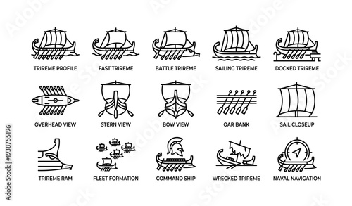 Ancient trireme icon set illustrating ships in various views and formations