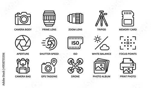 Photography equipment icons: camera, lens, tripod, card, drone, printer